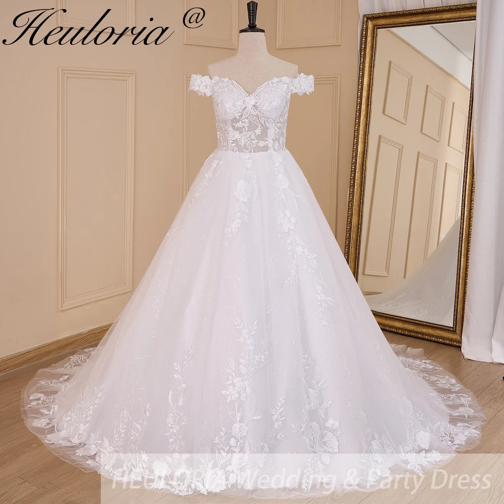 HEULORIA Vintage Wedding Dress off shoulder lace applique bride dress robe de mariee court train BA-616 Immagine principale del prodotto