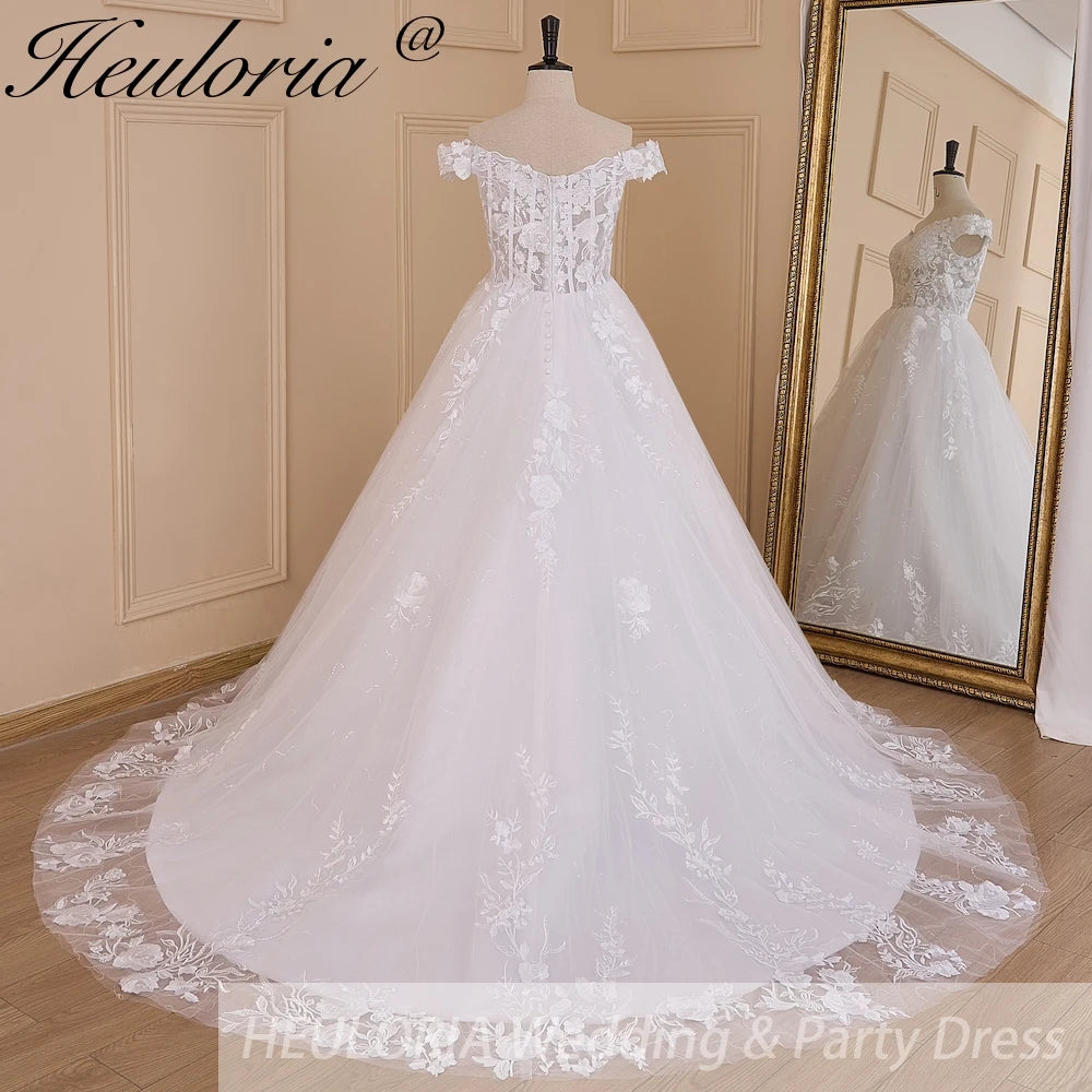 HEULORIA Elegant Off-the-Shoulder Lace Ballgown Wedding Dress with Illusion Sweetheart Bodice and Cathedral Train BA-616