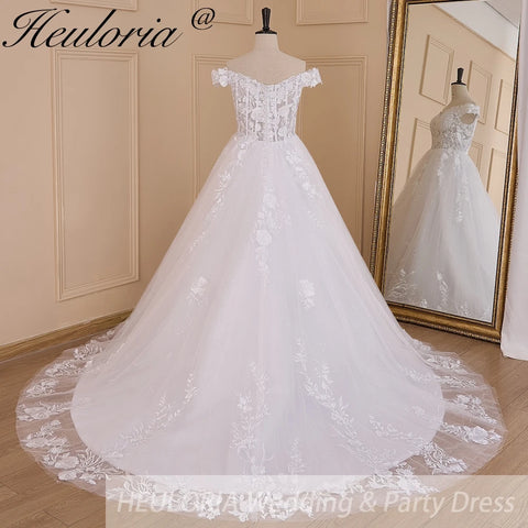 HEULORIA Vintage Wedding Dress off shoulder lace applique bride dress robe de mariee court train