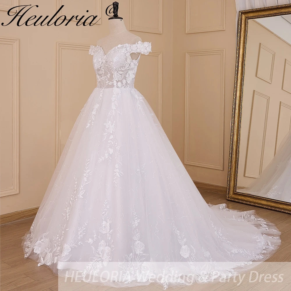 HEULORIA Elegant Off-the-Shoulder Lace Ballgown Wedding Dress with Illusion Sweetheart Bodice and Cathedral Train BA-616