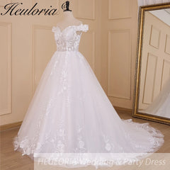 HEULORIA Vintage Wedding Dress off shoulder lace applique bride dress robe de mariee court train