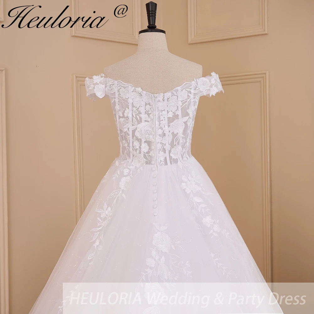 HEULORIA Elegant Off-the-Shoulder Lace Ballgown Wedding Dress with Illusion Sweetheart Bodice and Cathedral Train BA-616
