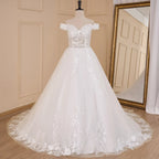 HEULORIA Elegant Off-the-Shoulder Lace Ballgown Wedding Dress with Illusion Sweetheart Bodice and Cathedral Train BA-616