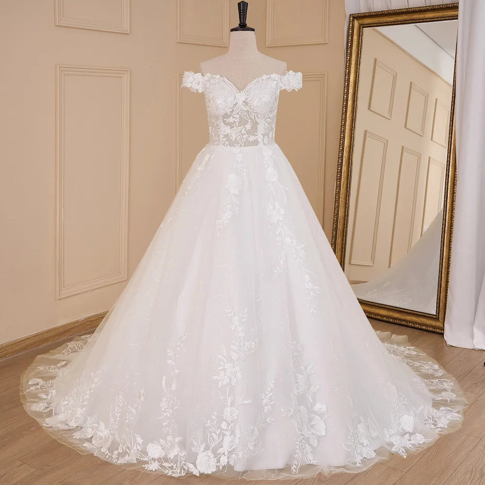 HEULORIA Elegant Off-the-Shoulder Lace Ballgown Wedding Dress with Illusion Sweetheart Bodice and Cathedral Train BA-616