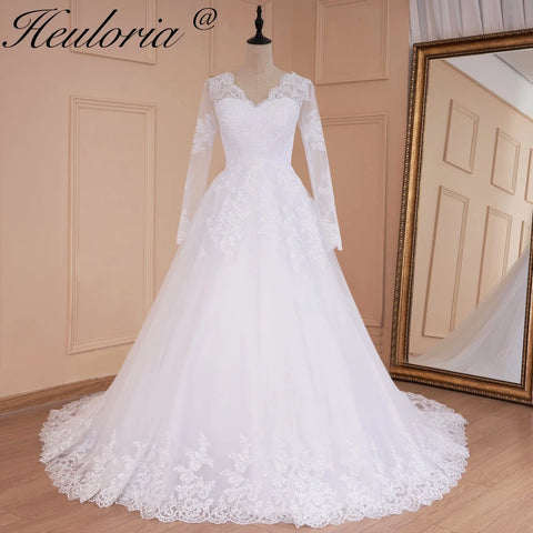 HEULORIA Vintage wedding dress long sleeve V neck bride dress lace applique lace up bridal gown plus size vestido De Noiva