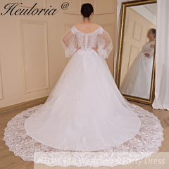 HEULORIA Ball-Gown/Princess V-Neck long sleeve Cathedral Train Tulle Lace Wedding Dress With Sequins