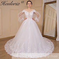 HEULORIA Ball-Gown/Princess V-Neck long sleeve Cathedral Train Tulle Lace Wedding Dress With Sequins
