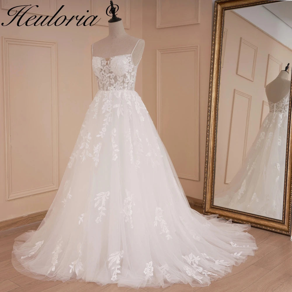 HEULORIA A-line Sweetheart Court Train Lace Tulle Wedding Dress With Sequins AL-541