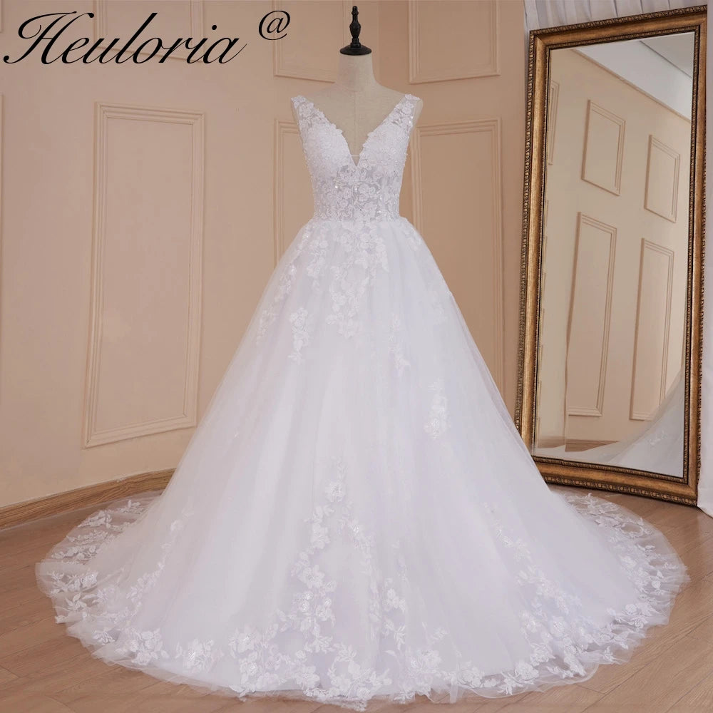 HEULORIA A-line V-Neck Court Train Lace Wedding Dress With Sequins beading AL-560 Main image