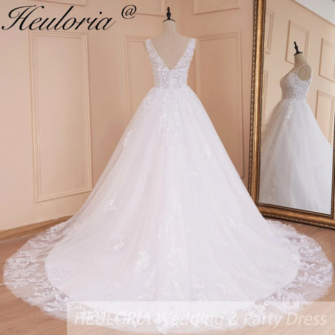 HEULORIA A-line V-Neck Court Train Lace Wedding Dress With Sequins beading