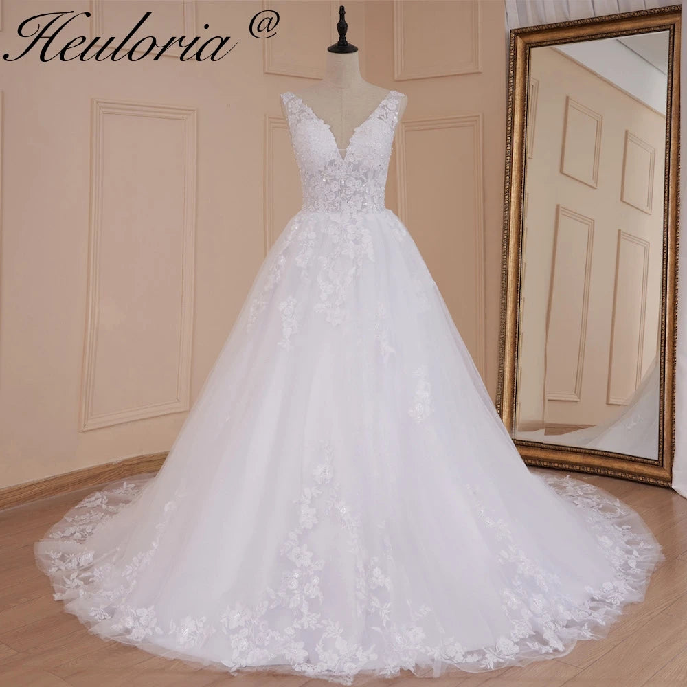 HEULORIA elegant A line wedding dress V neck lace applique bridal dress Robe De Mariee Wedding Bride Dress