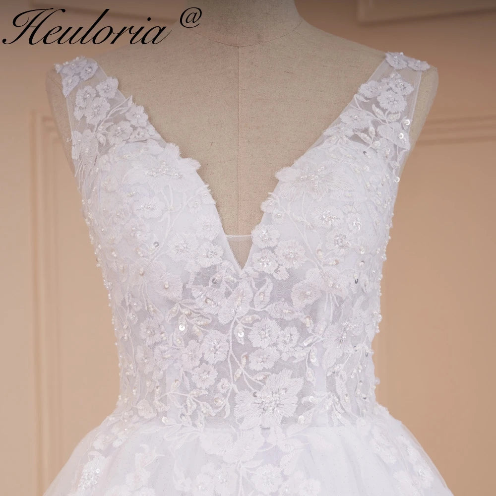 HEULORIA A-line V-Neck Court Train Lace Wedding Dress With Sequins beading AL-560