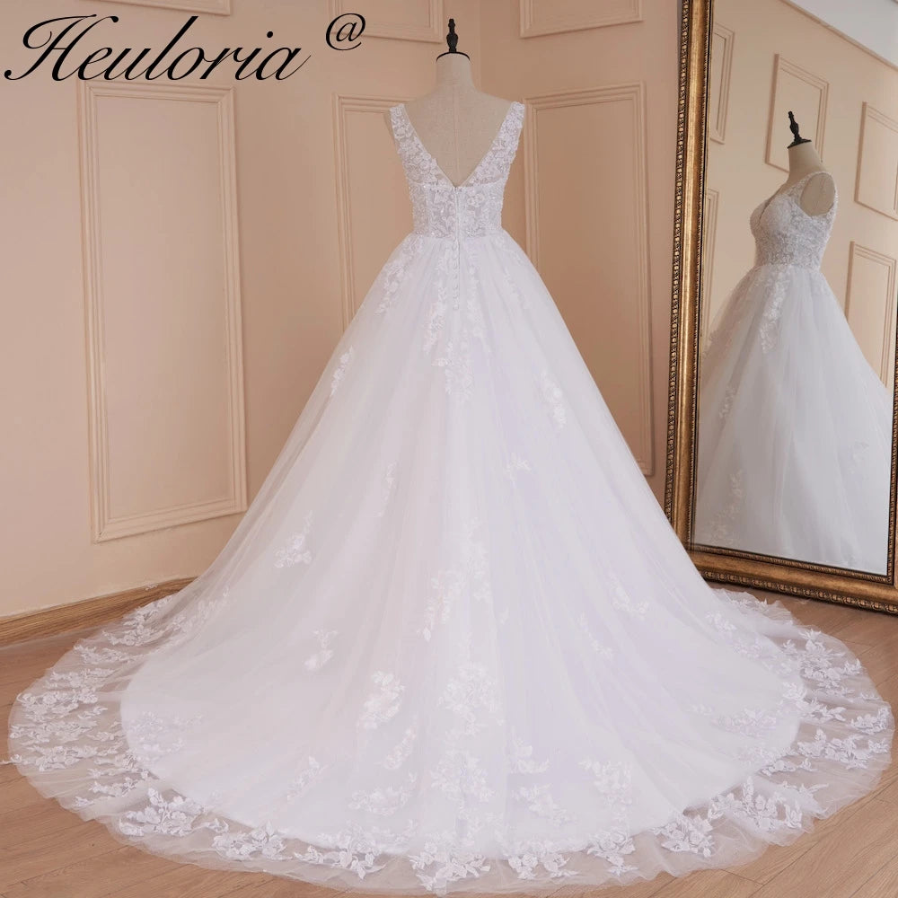 HEULORIA A-line V-Neck Court Train Lace Wedding Dress With Sequins beading AL-560