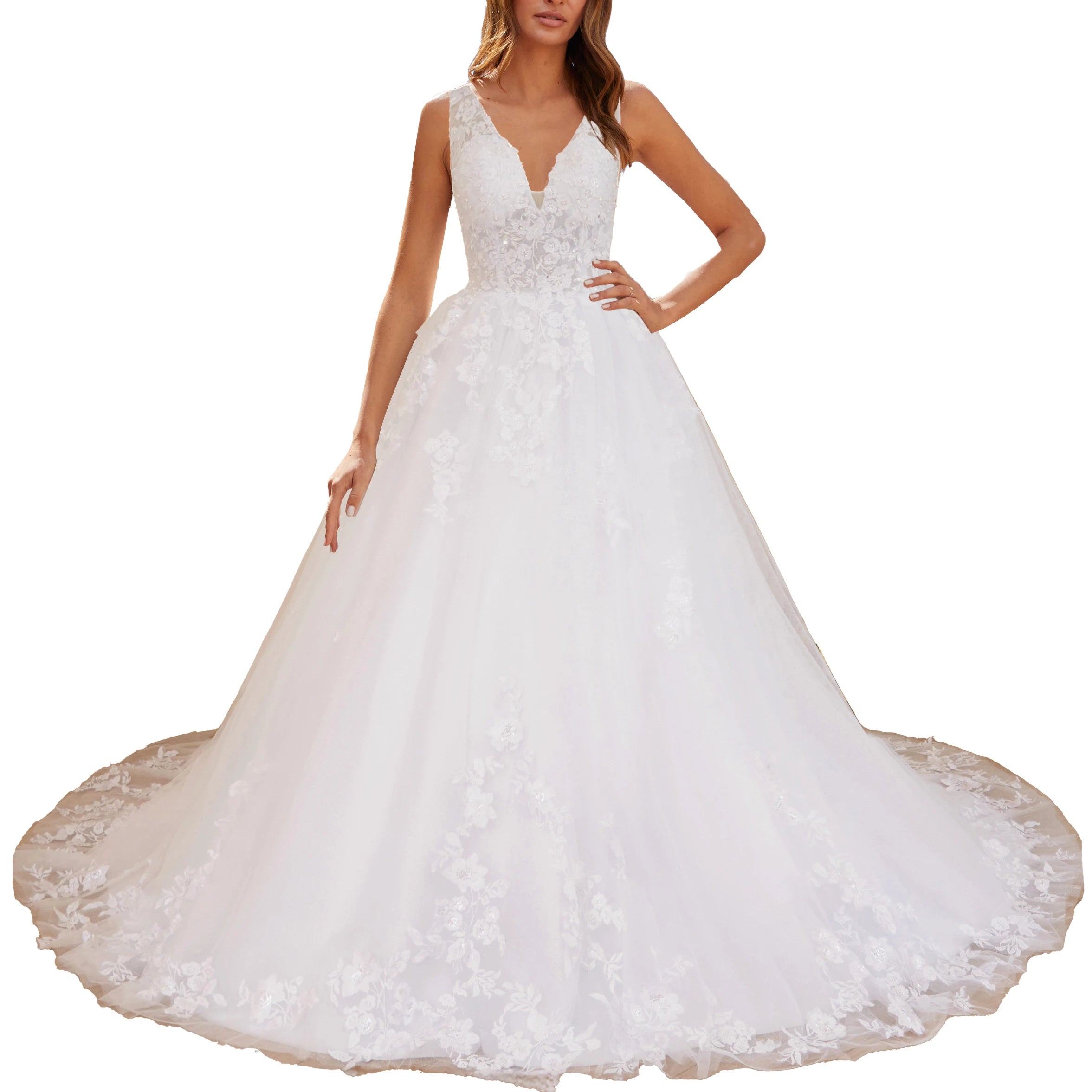 HEULORIA A-line V-Neck Court Train Lace Wedding Dress With Sequins beading AL-560