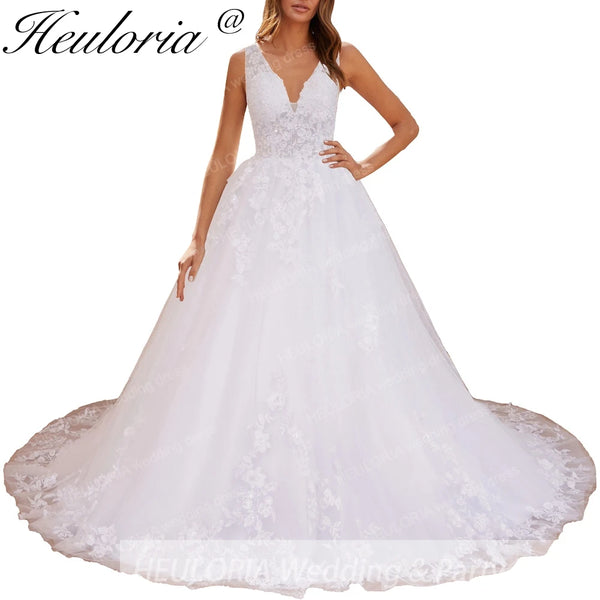 HEULORIA A-line V-Neck Court Train Lace Wedding Dress With Sequins beading