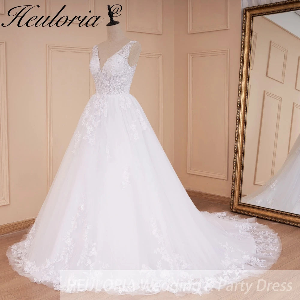 HEULORIA A-line V-Neck Court Train Lace Wedding Dress With Sequins beading AL-560