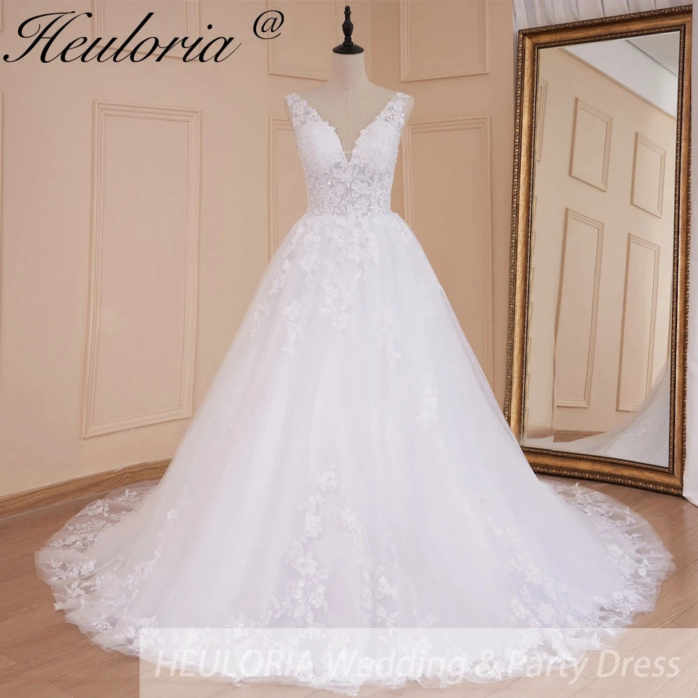 HEULORIA A-line V-Neck Court Train Lace Wedding Dress With Sequins beading AL-560