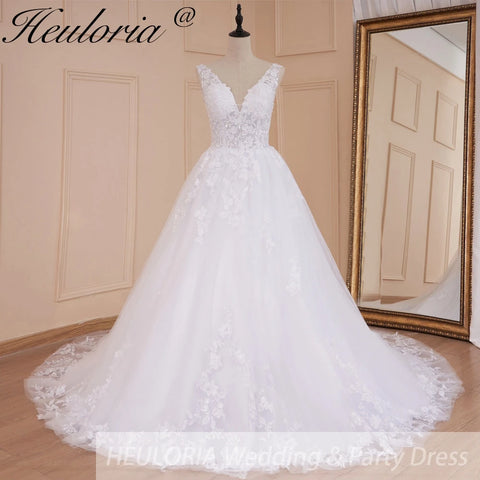 HEULORIA A-line V-Neck Court Train Lace Wedding Dress With Sequins beading