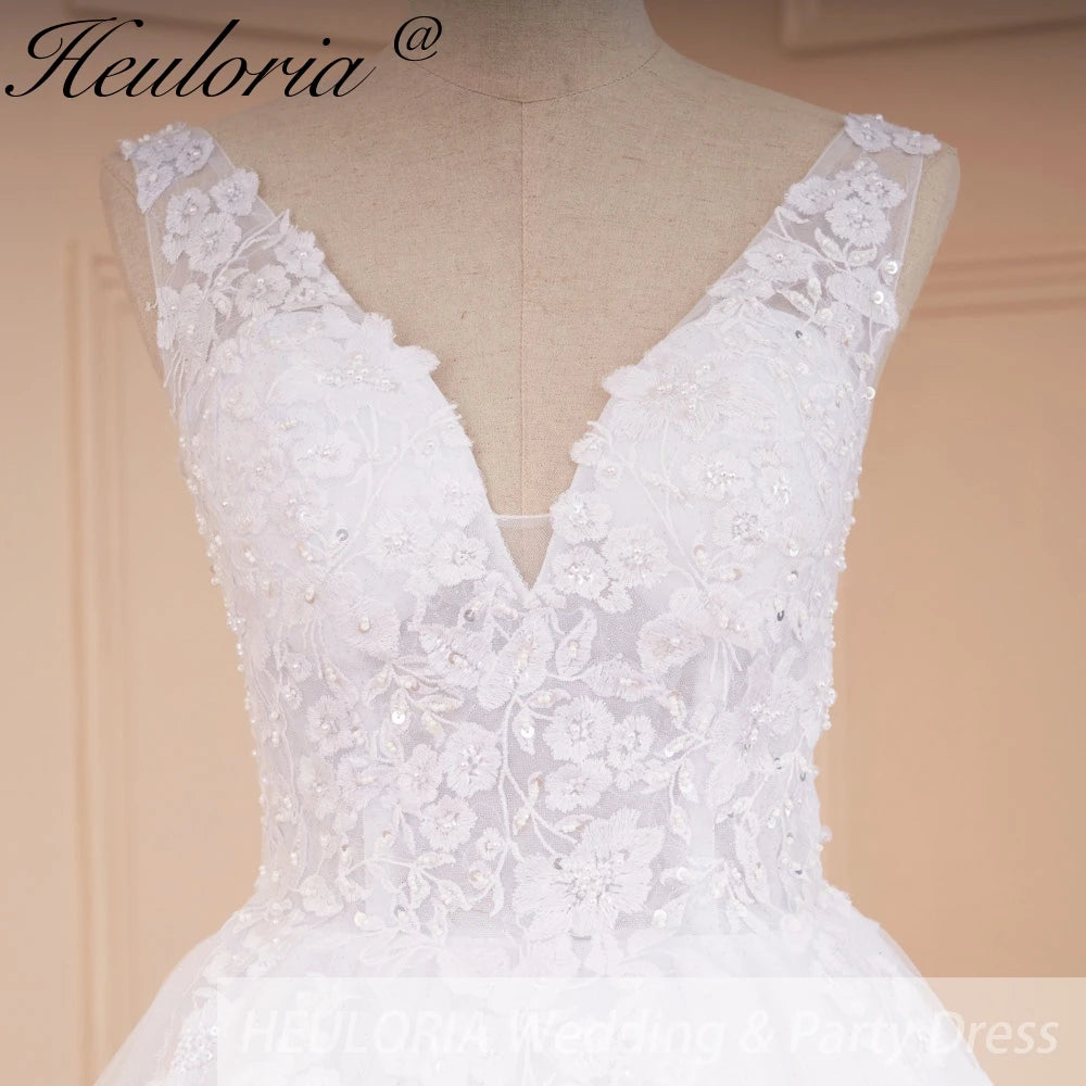 HEULORIA A-line V-Neck Court Train Lace Wedding Dress With Sequins beading AL-560A