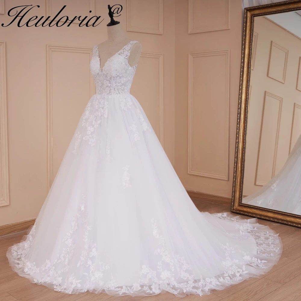 HEULORIA A-line V-Neck Court Train Lace Wedding Dress With Sequins beading AL-560