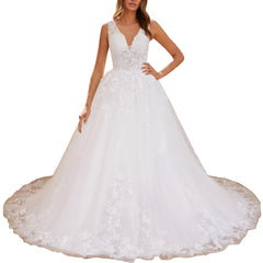 HEULORIA A-line V-Neck Court Train Lace Wedding Dress With Sequins beading AL-560A