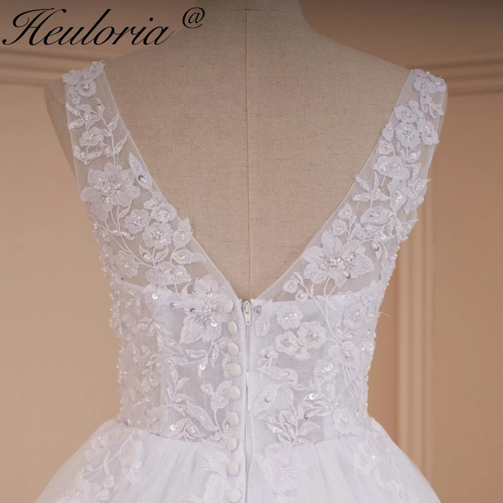 HEULORIA A-line V-Neck Court Train Lace Wedding Dress With Sequins beading AL-560