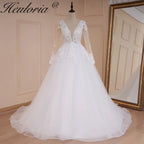 HEULORIA elegant A line wedding dress V neck long sleeve lace beading bride dress Robe De Mariee Wedding Bride Dress long train AL-532