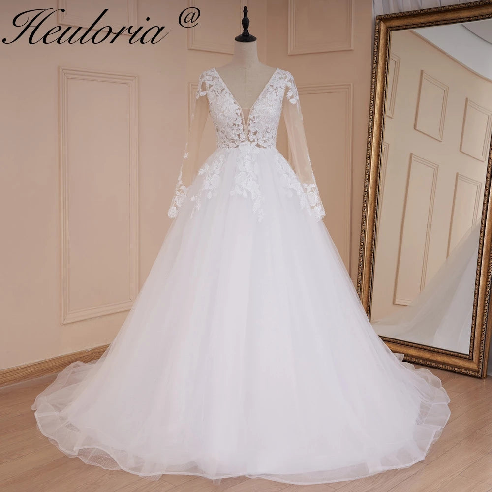 HEULORIA elegant A line wedding dress V neck long sleeve lace beading bride dress Robe De Mariee Wedding Bride Dress long train