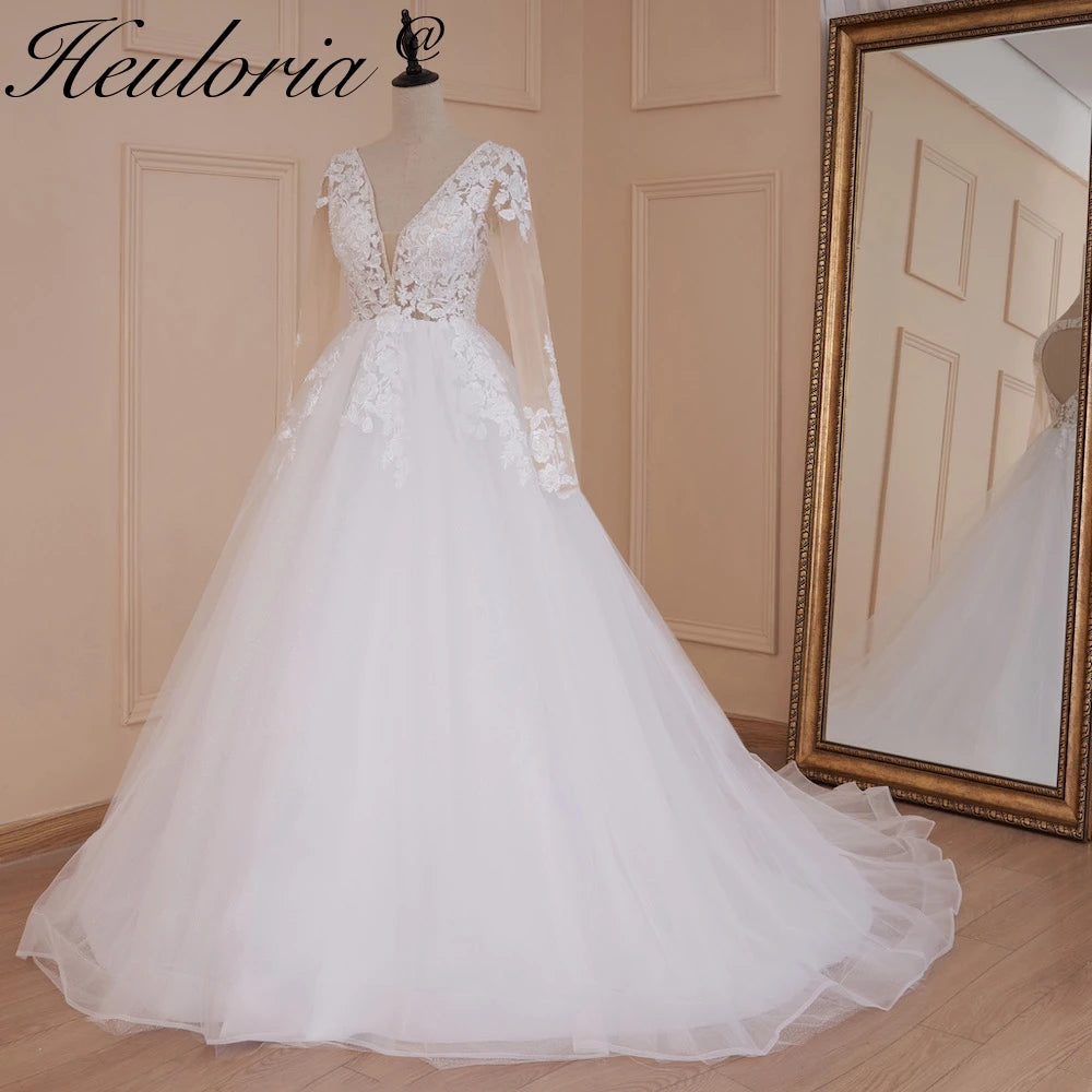 HEULORIA elegant A line wedding dress V neck long sleeve lace beading bride dress Robe De Mariee Wedding Bride Dress long train AL-532