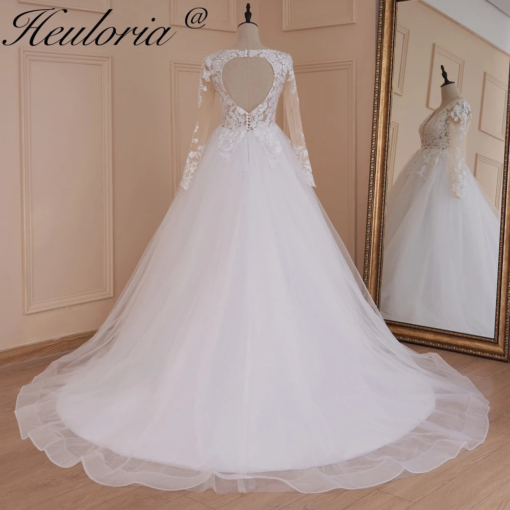 HEULORIA elegant A line wedding dress V neck long sleeve lace beading bride dress Robe De Mariee Wedding Bride Dress long train AL-532