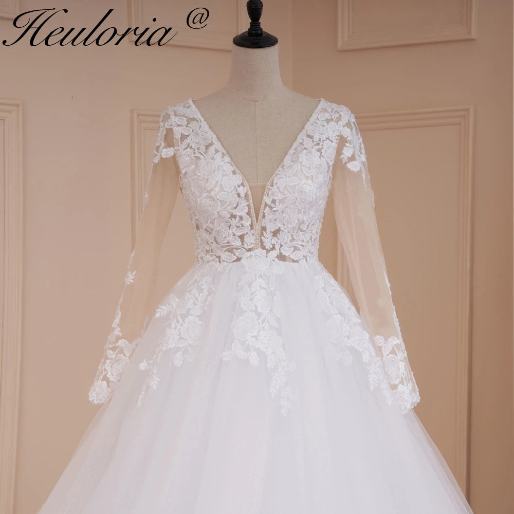 HEULORIA elegant A line wedding dress V neck long sleeve lace beading bride dress Robe De Mariee Wedding Bride Dress long train AL-532