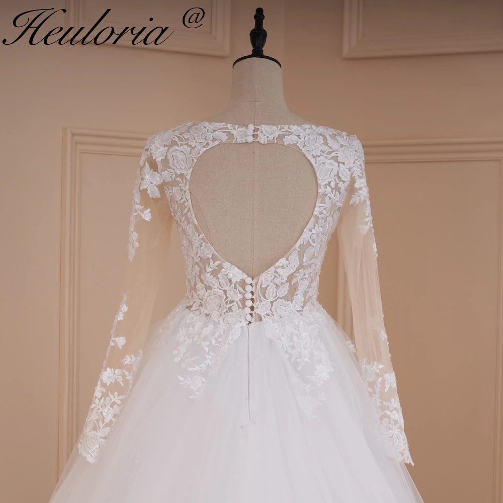 HEULORIA elegant A line wedding dress V neck long sleeve lace beading bride dress Robe De Mariee Wedding Bride Dress long train AL-532