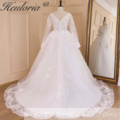 HEULORIA elegant A line wedding dress V neck long sleeve organza bride dress Robe De Mariee Wedding Bride Dress long train AL-656