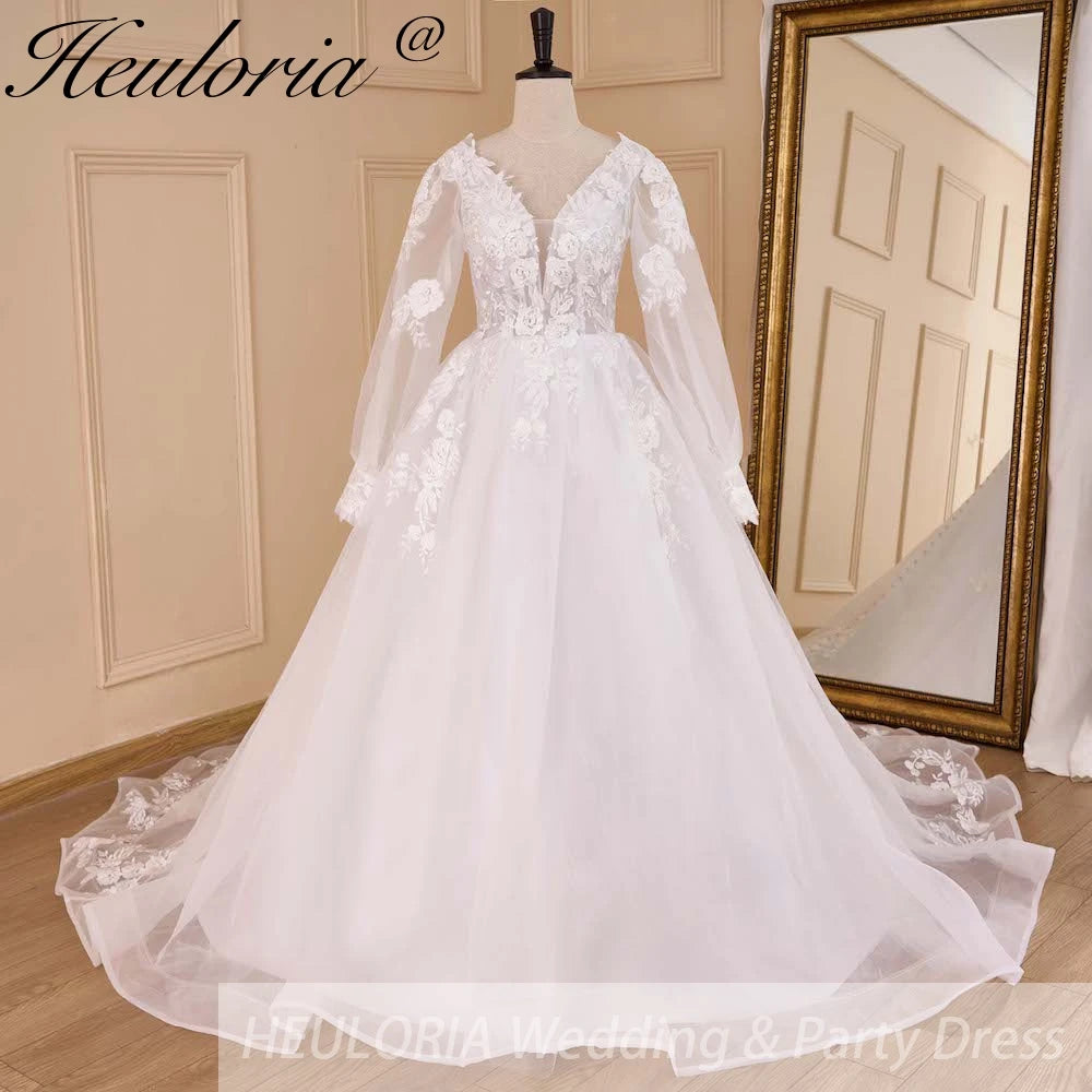 HEULORIA elegant A line wedding dress V neck long sleeve organza bride dress Robe De Mariee Wedding Bride Dress long train AL-656