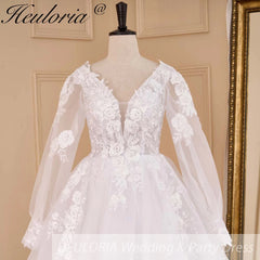 HEULORIA elegant A line wedding dress V neck long sleeve organza bride dress Robe De Mariee Wedding Bride Dress long train AL-656