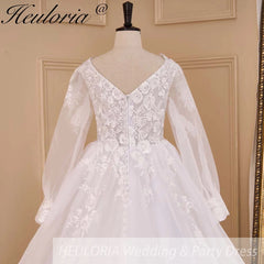 HEULORIA elegant A line wedding dress V neck long sleeve organza bride dress Robe De Mariee Wedding Bride Dress long train AL-656