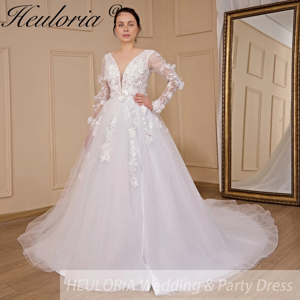 HEULORIA elegant A line V neck long sleeve Court Train Tulle Lace Wedding Dress With Flower 3D Floral Sequins Beading AL-533