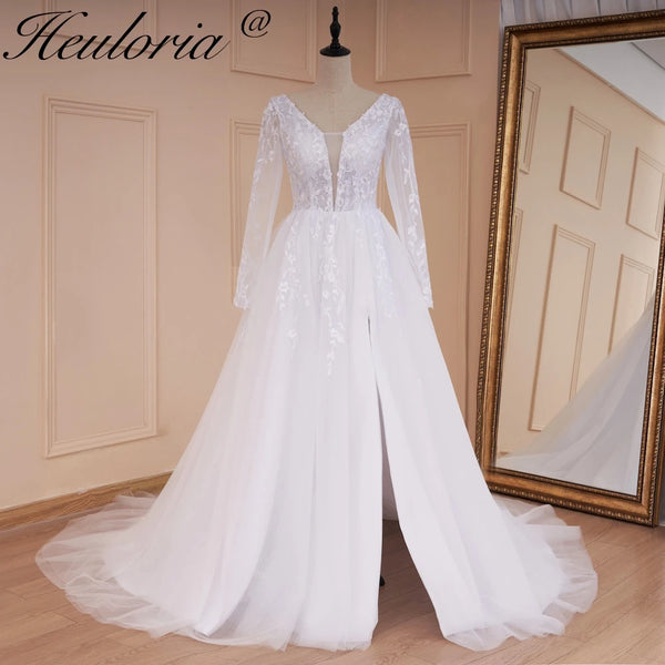 HEULORIA elegant A line wedding dress V neck long sleeve split lace beading bride dress Robe De Mariee Wedding Bride Dress