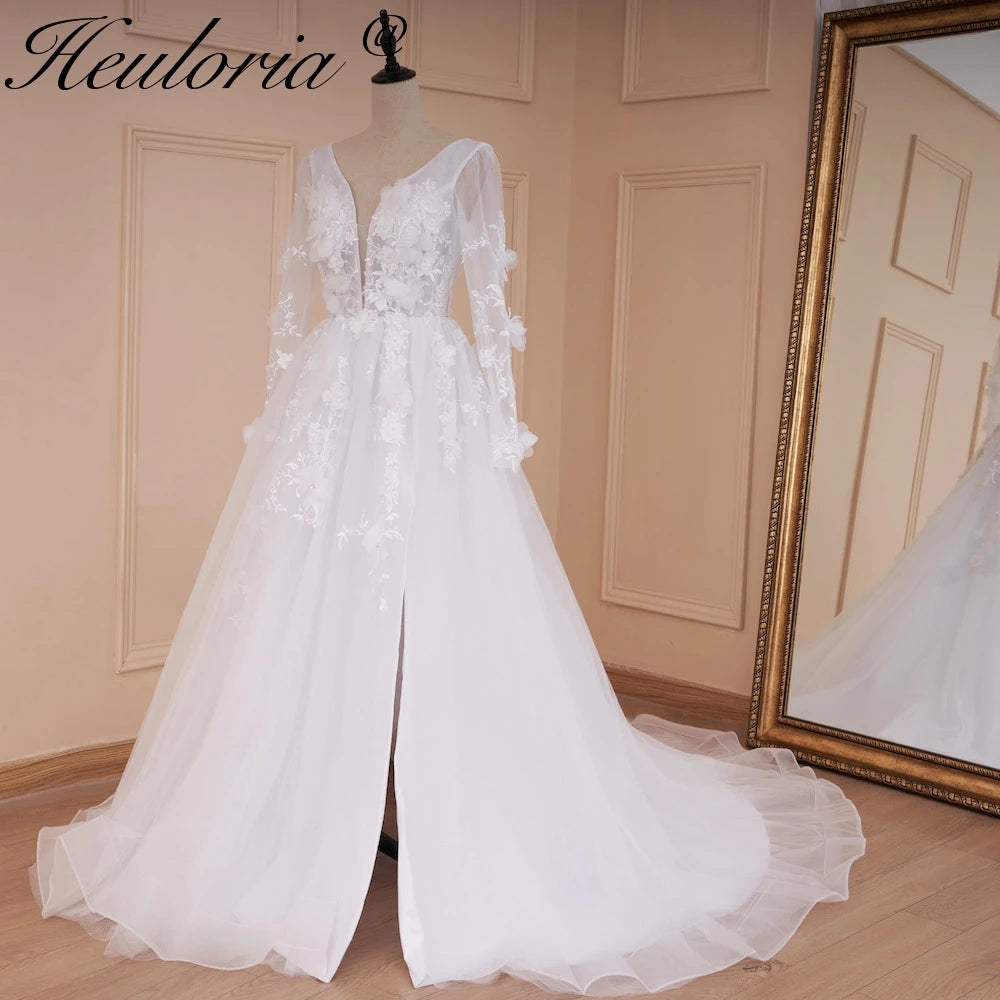 HEULORIA elegant A line wedding dress V neck long sleeve split lace beading bride dress Robe De Mariee Wedding Bride Dress AL-533