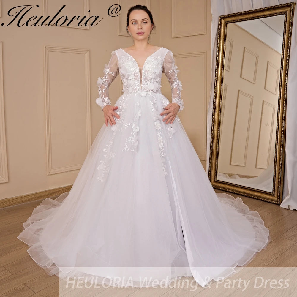 HEULORIA elegant A line V neck long sleeve Court Train Tulle Lace Wedding Dress With Flower 3D Floral Sequins Beading AL-533