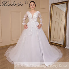 HEULORIA elegant A line V neck long sleeve Court Train Tulle Lace Wedding Dress With Flower 3D Floral Sequins Beading AL-533