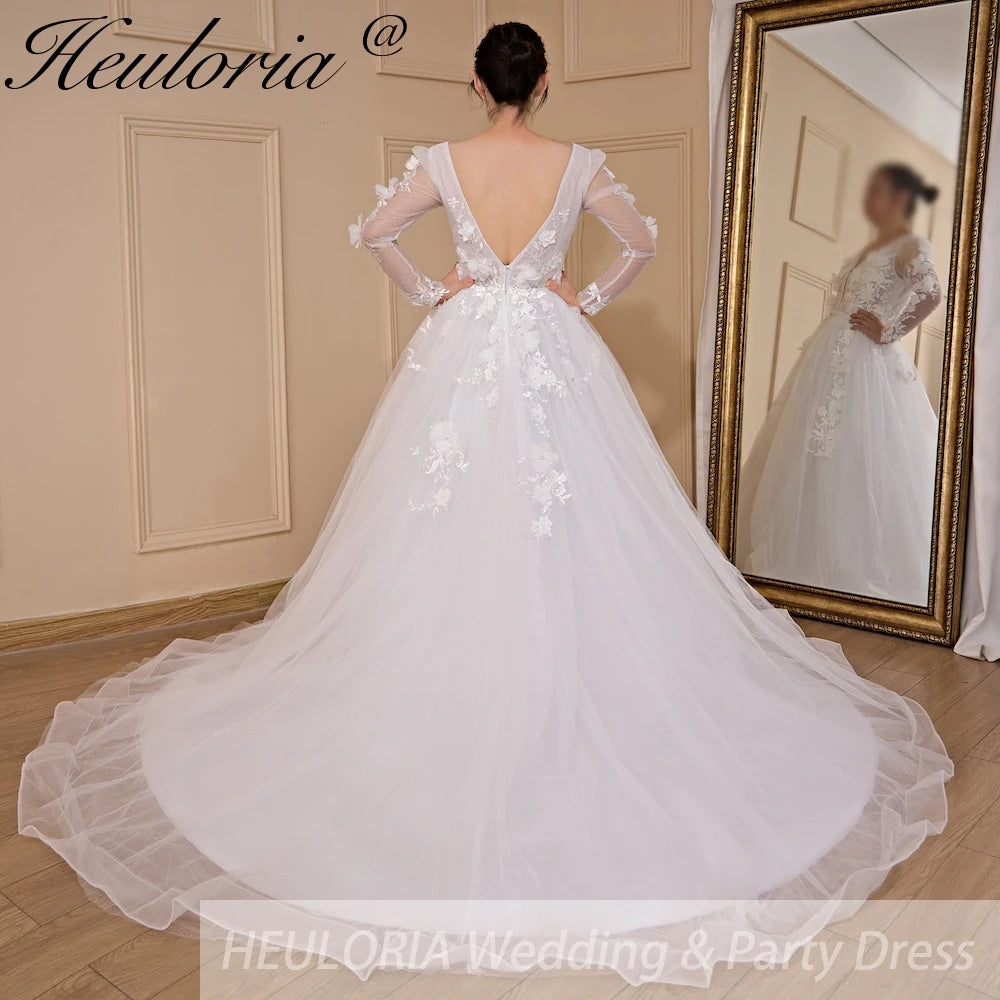 HEULORIA elegant A line V neck long sleeve Court Train Tulle Lace Wedding Dress With Flower 3D Floral Sequins Beading AL-533