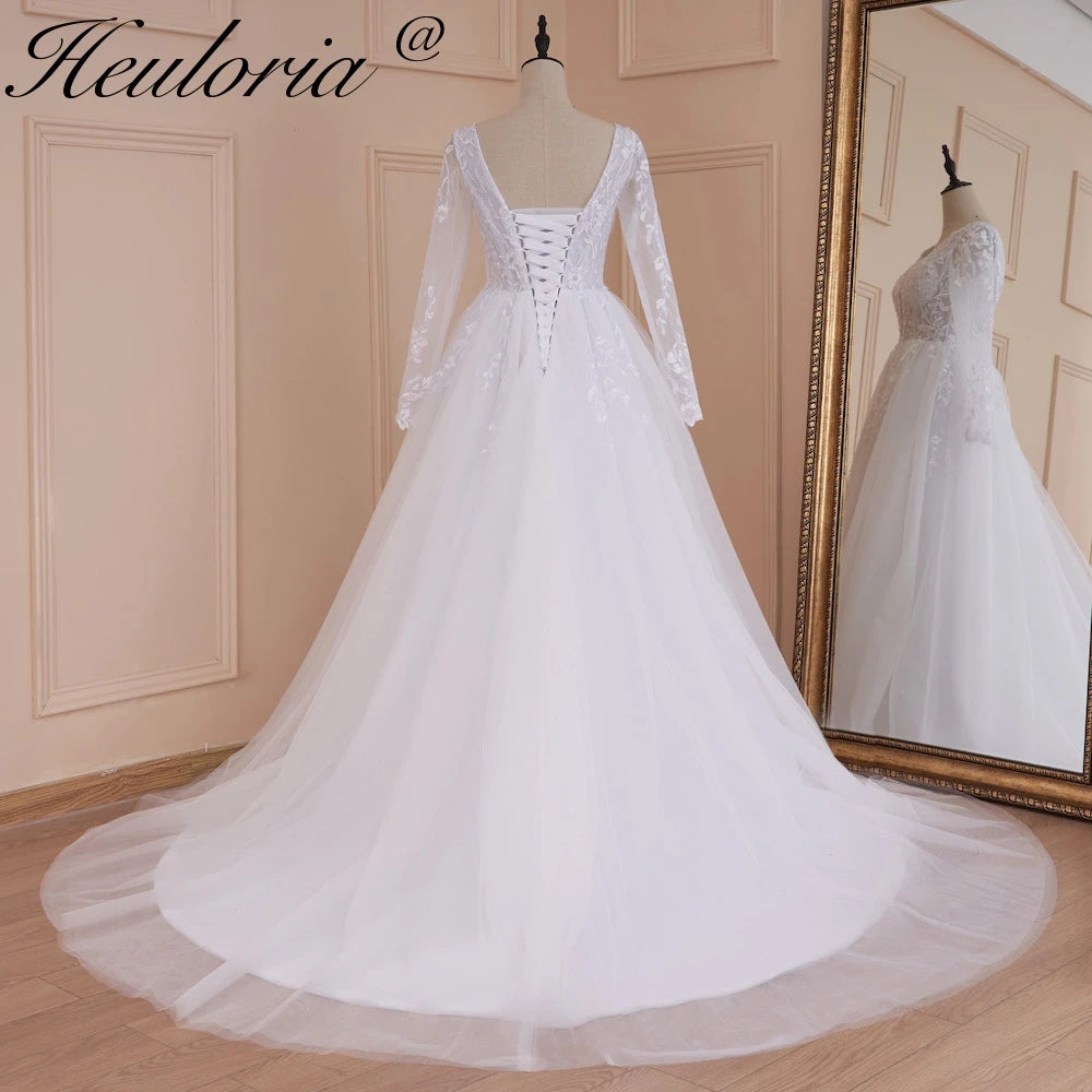 HEULORIA elegant A line wedding dress V neck long sleeve split lace beading bride dress Robe De Mariee Wedding Bride Dress AL-534
