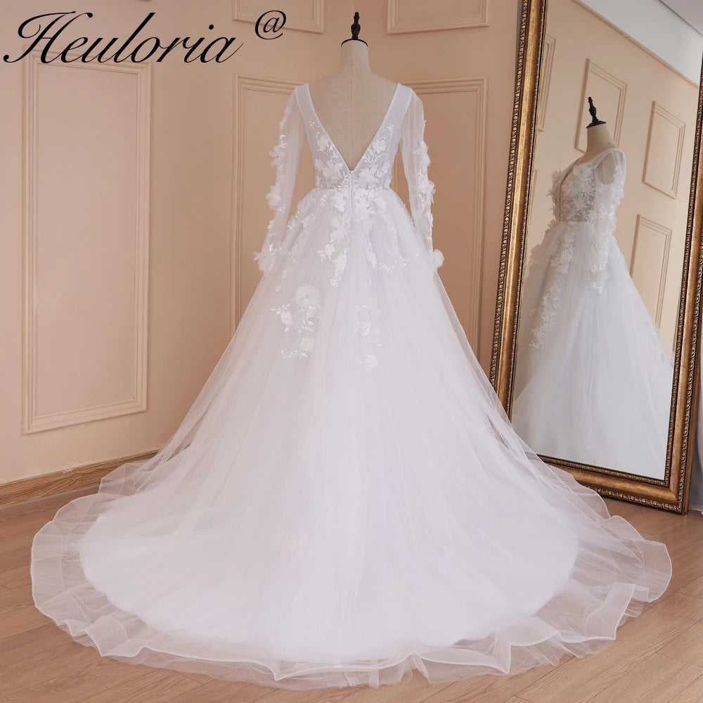 HEULORIA elegant A line wedding dress V neck long sleeve split lace beading bride dress Robe De Mariee Wedding Bride Dress AL-533