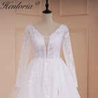 HEULORIA elegant A line wedding dress V neck long sleeve split lace beading bride dress Robe De Mariee Wedding Bride Dress AL-534