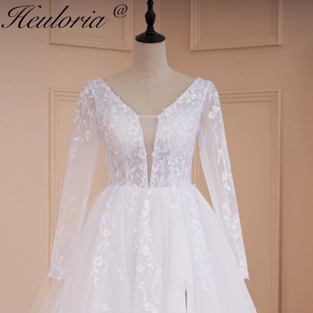HEULORIA elegant A line wedding dress V neck long sleeve split lace beading bride dress Robe De Mariee Wedding Bride Dress AL-534