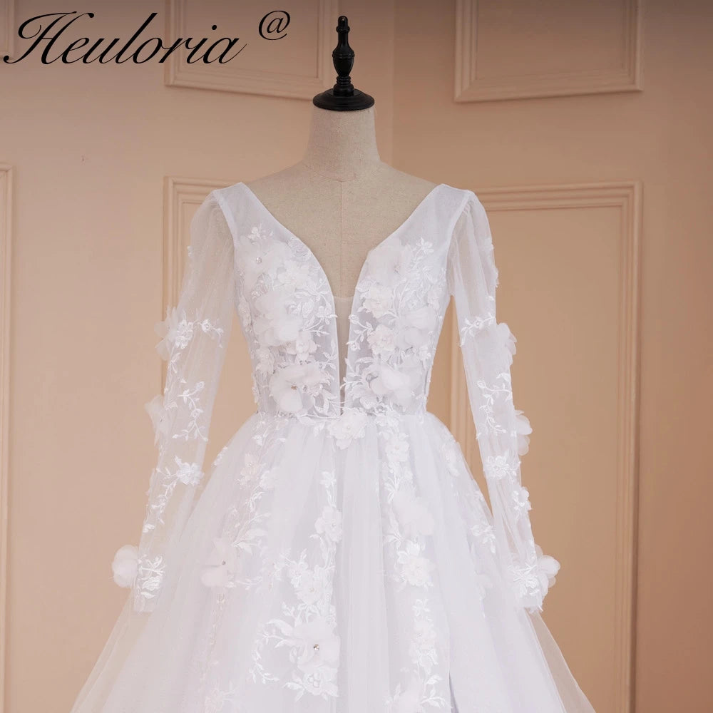 HEULORIA elegant A line wedding dress V neck long sleeve split lace beading bride dress Robe De Mariee Wedding Bride Dress AL-533