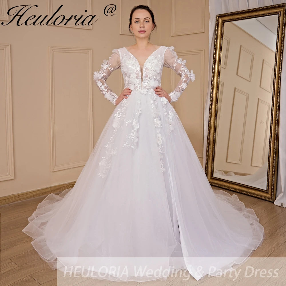 HEULORIA elegant A line V neck long sleeve Court Train Tulle Lace Wedding Dress With Flower 3D Floral Sequins Beading AL-533