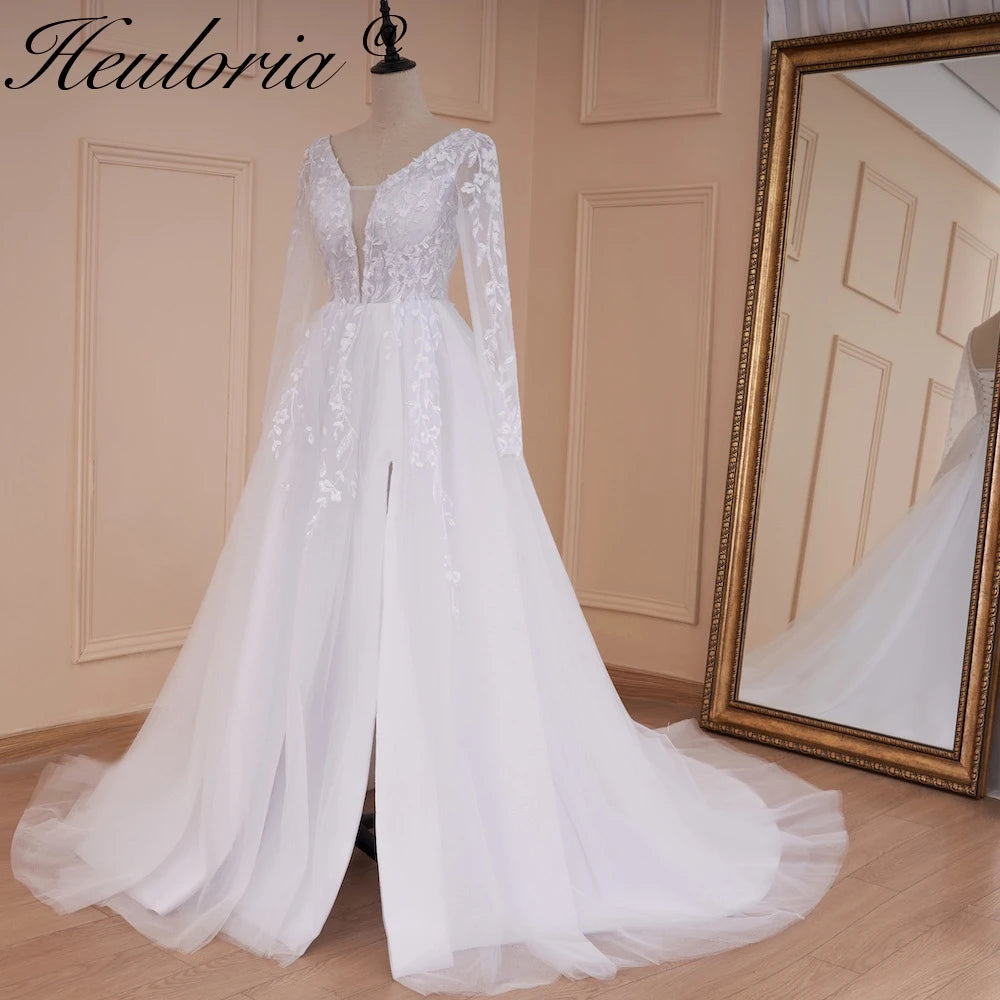 HEULORIA elegant A line wedding dress V neck long sleeve split lace beading bride dress Robe De Mariee Wedding Bride Dress AL-534
