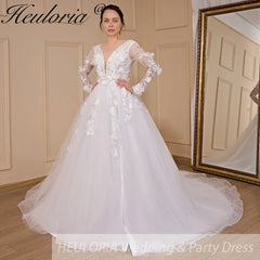 HEULORIA elegant A line V neck long sleeve Court Train Tulle Lace Wedding Dress With Flower 3D Floral Sequins Beading AL-533
